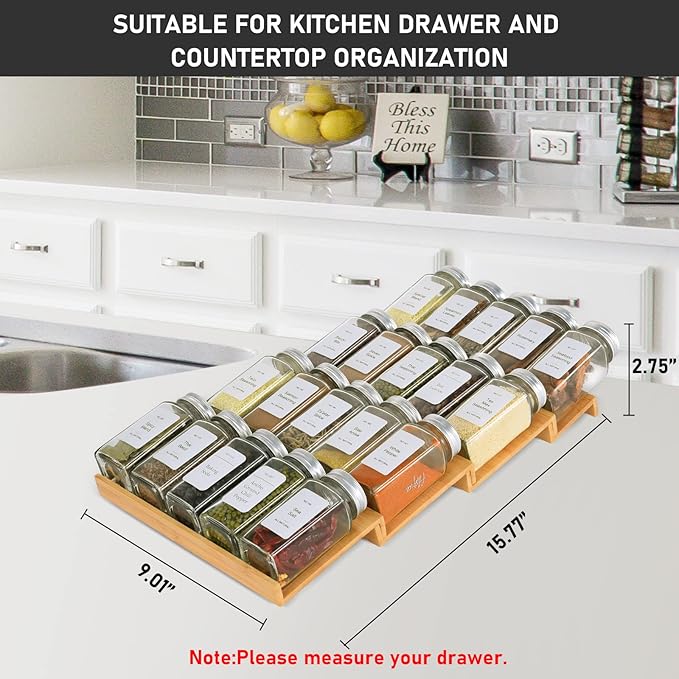 Spice Drawer Organizer with 18 Spice Jars,216 Labels,50 Non-slip Rubber, Bamboo 4 Tier Seasoning Rack Tray Insert for Kitchen Drawers,Cabinets,Countertop,9" Wide x 15.8" Deep