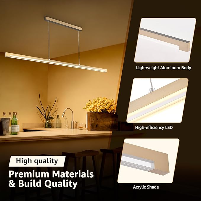 40W Gold Linear Pendant Light Aluminum, 54" Dimmable Kitchen Island Lighting with Remote & App Control, Adjustable CCT (3000K-6000K), Dining Room Chandelier for Home Office Study