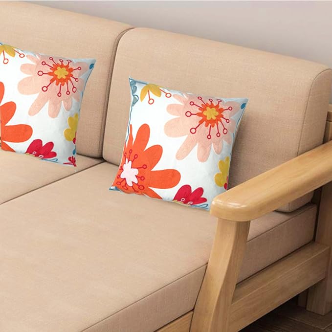 Embroidered Decorative Throw Pillow Cover, 18"x18" Set of 2, Farmhouse Pillowcase Pink Red Flower Knit Pattern Cotton Canvas Cushion Case Square Floral Pillow Case for Sofa Couch Bed Living Room…