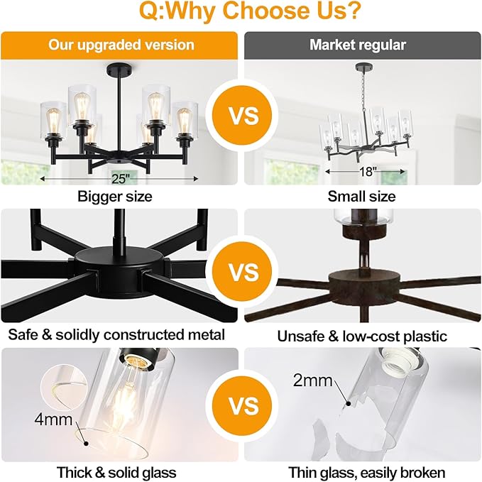 Black Chandeliers, 6 Light Dining Room Light Fixtures Over Table, Farmhouse Chandeliers for Dining Room with Clear Glass Shade for Kitchen Island Living Room Bedroom Bathroom, Height Adjustable