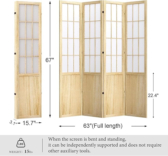 5.6FT Room Divider and Folding Portable Partition Screen, Chinese Japanese Shoji Style for Room Separation - 4 Panel (Natural)