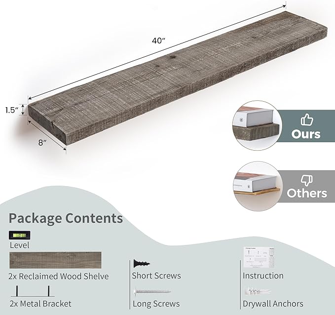 Floating Shelves Reclaimed Barnwood, 8" Deep Solid Wood Floating Shelf Wall Hanging Shelves with Invisible Heavy-Duty Metal Bracket | Wall Mounted | Farmhouse Style | 40 inches,2PCS,Grey