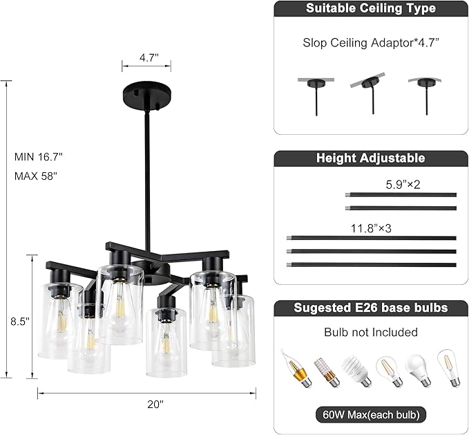 6-Light Black Modern Farmhouse Chandelier for Dining Room Ceiling Light Fixture with Clear Glass Shades, Adjustable Hanging Industrial Pendant Lighting for Living Room Kitchen Island Bedroom Entryway