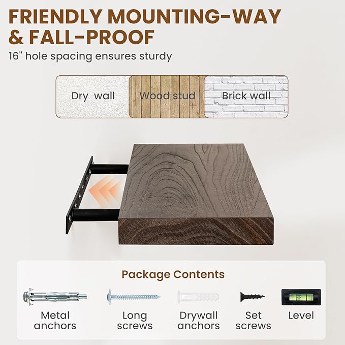 72" Floating Shelves for Wall, Rustic Elm Wood Floating Shelf for Home Decor, Wall-Mounted Display Shelves with Heavy-Duty Bracket, Long Floating Shelf for Bathroom, Kitchen, Living Room, Walnut Color