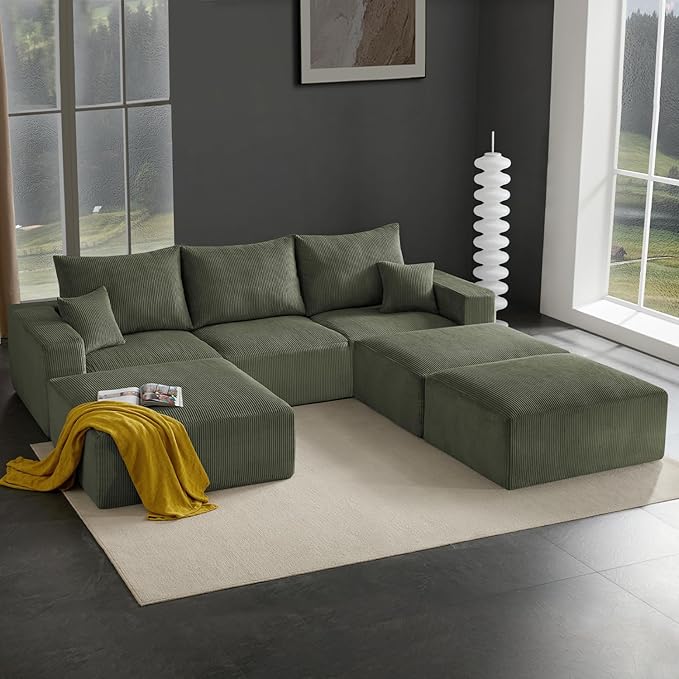 Boneless Sectional Cloud Couch Sofa Bed for Living Room, 112" Modular Modern Lounge 3 Seater Sleeper Green Couches with Chaise, No Assemble, Cordury Compression Upholstered Sofas