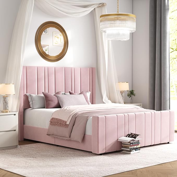 HOMBCK Pink Full Size Bed Frame Upholstered Bed with Velvet Tufted Headboard & Footboard, Mattress Foundation/Wooden Slats/Noise Free/No Box Spring Needed/Easy Assembly