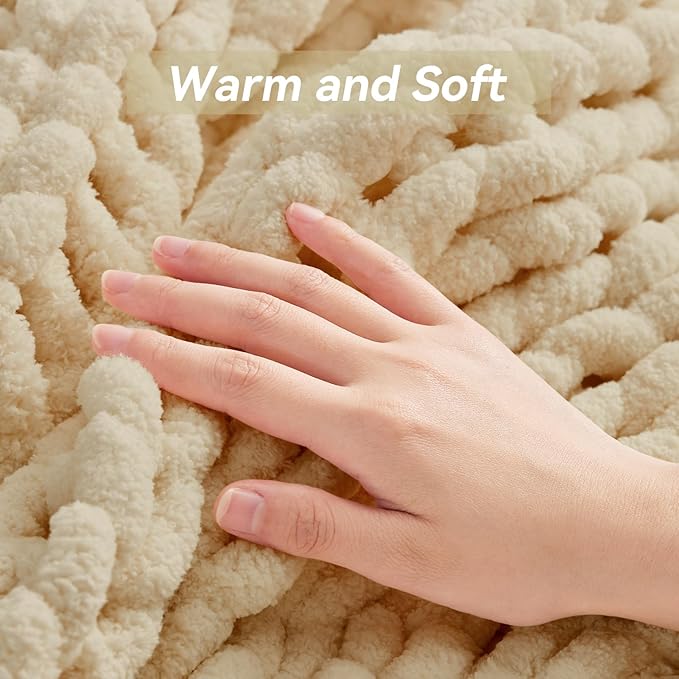 Chunky Knit Throw Blanket, 60''*80'' Knitted Throw Chenille Yarn for Bed Couch, Handmade Oatmeal Crochet Big Thick Blanket, Machine Washable Cute Comfy Blanket for Home Decor