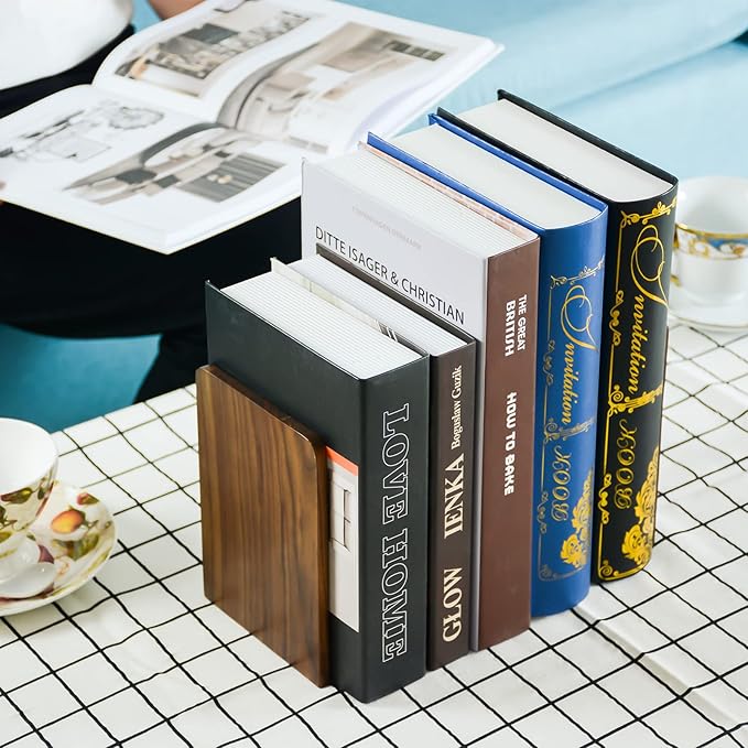 Large Bookend Hold Heavy Books- 7x4x5in 2 Pack Wood Bookends for Heavy Books Heavy Duty Walnut Book Ends for Men Wood Bookends for Office Desk Non-Skid