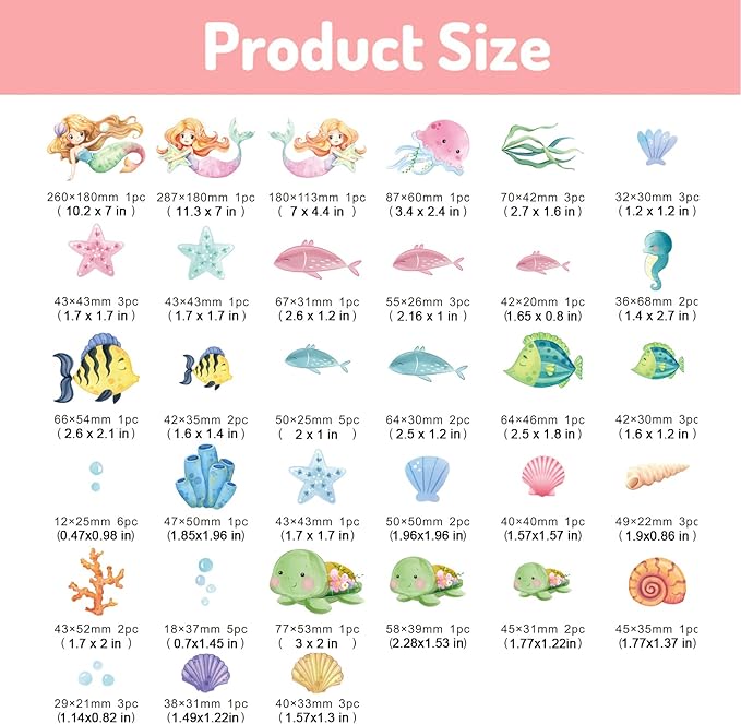 Glow in The Dark Stars Mermaid Wall Decals, Turtle Ocean Fish Stickers for Ceiling, DIY Wall Decor for Nursery Playroom Living Room, Birthday Christmas Gift