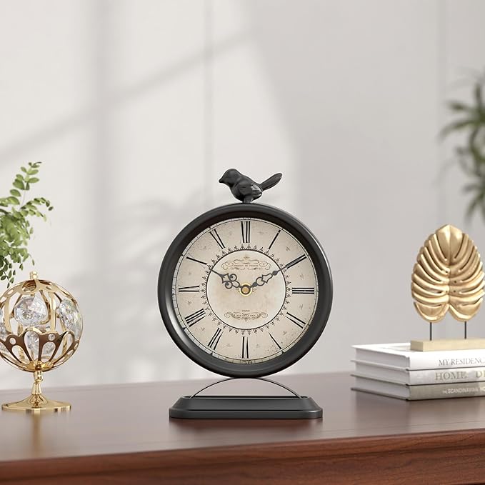 Vintage Table Clock with Bird, European Antique Style Black Mantel Clocks, Desk and Shelf Decor Clock, for Farmhouse, Bedside, Living Room, Bedroom, Gift (9" H x 6.5" W)