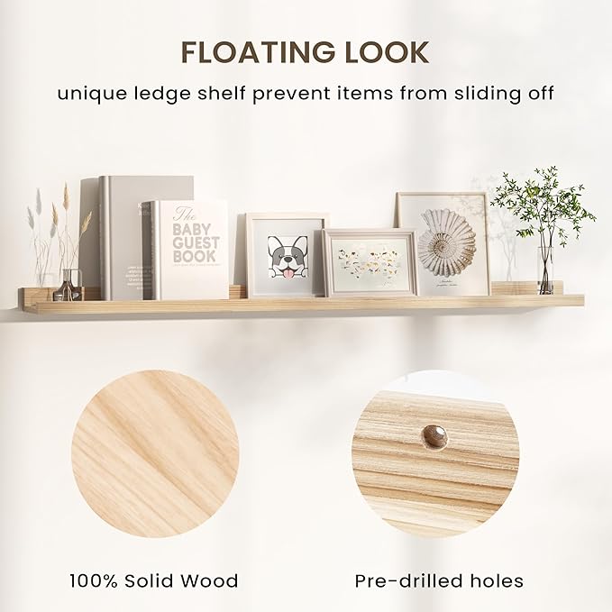 Floating Shelves for Wall, Picture Ledge Shelf 24 Inch Solid Wood Set of 2, Rustic Wall Shelves with Lip, Kids Bookshelf, Photo & Picture Live Edge Floating Shelves for Bedroom, Living Room, Kitchen