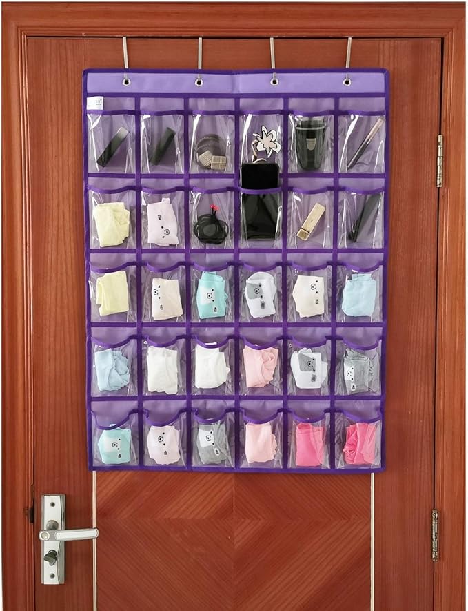 Classroom Pocket Chart for Phone Calculator Holder Over The Door Hanging Closet Jewelry Organizer with 30 Clear Pockets (Purple)