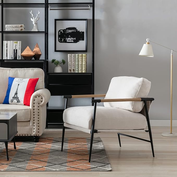 Mid-Century Accent Chair Set of 2, Soft Armchair Chenille Fabric Lounge Chair with Black Metal Legs, Upholstered Leisure Chair for Living Room Bedroom Reception Room, Beige