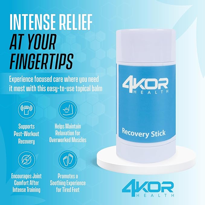 4KOR Recovery Stick - Natural Muscle Balm | Hemp Infused | for Muscles, Joints, Post-Workout | Features a Cooling & Warming Sensation | Portable & Non-Greasy Twist-Up Balms - 1 oz.
