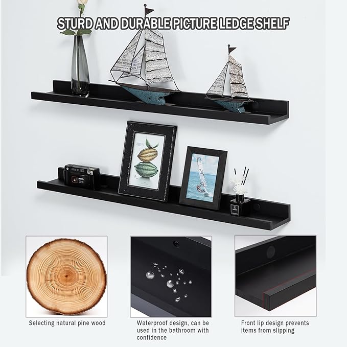 AZSKY Picture Ledge Shelf, Floating Shelves Set of 2, 48 Inches Picture Shelves for Wall with Ledge, Long Shelf Wall Mounted for Living Room Bedroom Decor Books Photo Frames - Black