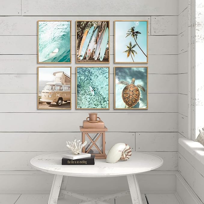 Laywhq Coastal Beach Wall Art Summer Ocean Surf Tropical Canvas Wall Decor Summer Nautical Palm Tree Turtle Surfboard Bus Room Paintings Prints Posters for Bedroom Living Room Set of 6 8x10in Unframed