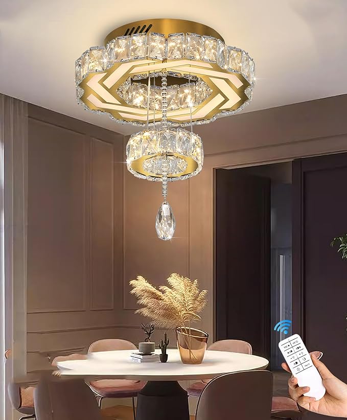 Flashing God Small Crystal Chandeliers Dia 12" Gold Chandelier Flush Mount Ceiling Light for Bedroom Living Room Dining Room Hallway Dimmable 3 Rings LED Celing Lighting Fixtures