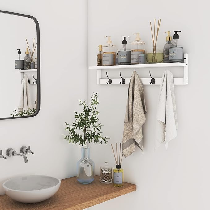 AMBIRD Wall Hooks with Shelf | Entryway Hanging Wood Coat Hooks | Wall-Mounted Rack with 5 Dual Hooks | Bathroom, Living Room, Bedroom (Modern).