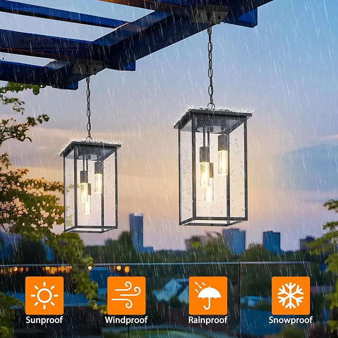 3-Color LED Outdoor Pendant Light with Remote, 3-Light 19" Large Outdoor Chandelier for Porch, Black Exterior Pendant Lighting Fixture Ceiling Mount Pendant Lantern for Patio Front Door