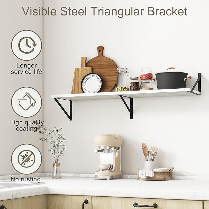 Fun Memories 40 Inch Floating Shelves, 10 Inch Deep Wall Shelf, 40 x 10 Floating Shelf Set of 2, White Wood Floating Shelf Wall Mounted, Large Kitchen Living Room Bedroom Storage Shelves