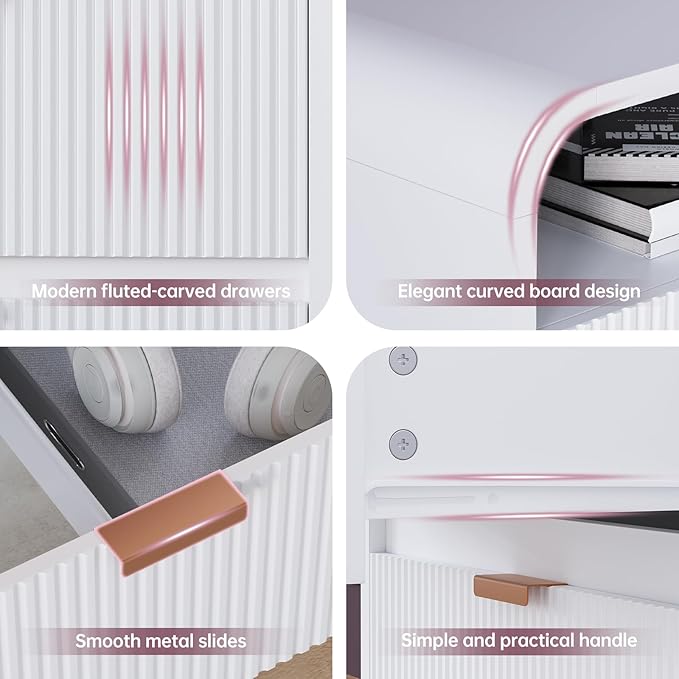 FURSUN 24" Fluted Nightstand Set of 2 with Charging Station, Wooden End Table with 2 Drawers Storage, Curved Profile Design, Modern Bedside Cabinet for Bedroom Living Room, White