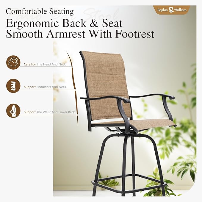 Sophia & William Outdoor Bar Set, Patio Bar Table and Chairs Set, Bar Height Patio Set - 6 x Swivel Bar Chairs(Brown-Padded), 1 x Rectangular Bar Table(Black)