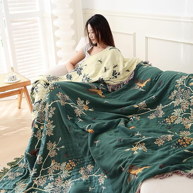 Boho Muslin Blanket for Adults 4-Layer Gauze Twin Size Soft Cozy 100% Cotton Summer Cooling Blanket Floral Decor for Sofa Bed Coverlet Both Sides (Tassels Birds and Floral, Twin 60 x 80 in)