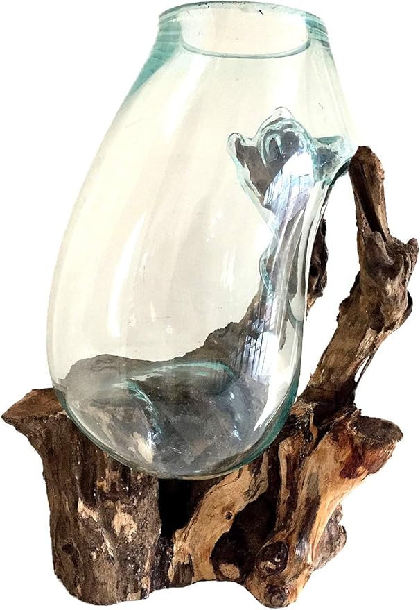 Hand Blown Molten Glass & Teak Wood Terrarium/Vase/Fish Bowl - Premium Quality (12" - 14" High)