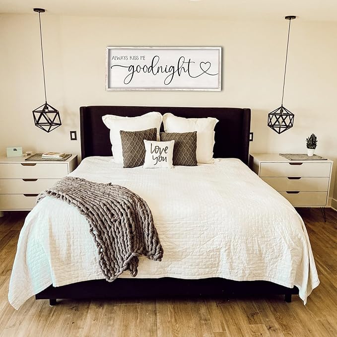 flowtorely Always Kiss Me Goodnight Wall Sign For Master Bedroom Above Bed Wall Decor 40''×15'' Large Rustic Solid Wood Frame For Farmhouse Couples Above bed Wall Art Decoration (White)