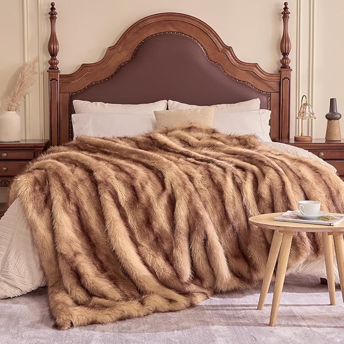 Fluffy Faux Fur Throw Blanket – Super Soft Warm Thick Plush Blanket for Bed, Couch & Office, Cozy Fuzzy Throw with Flannel Backing,60"x80", Brown