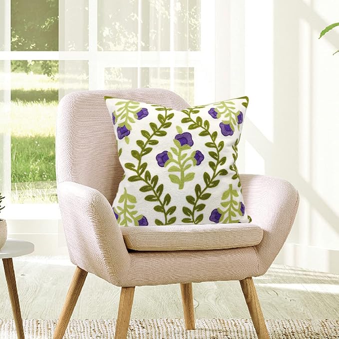 Alysheer Floral Embroidered Spring Decorative Throw Pillow Cover 18"x 18", Farmhouse Cottage Purple Flowers Green Leaves Knit Pattern Cotton Canvas Cushion Case for Sofa Couch Bed Living Room Decor