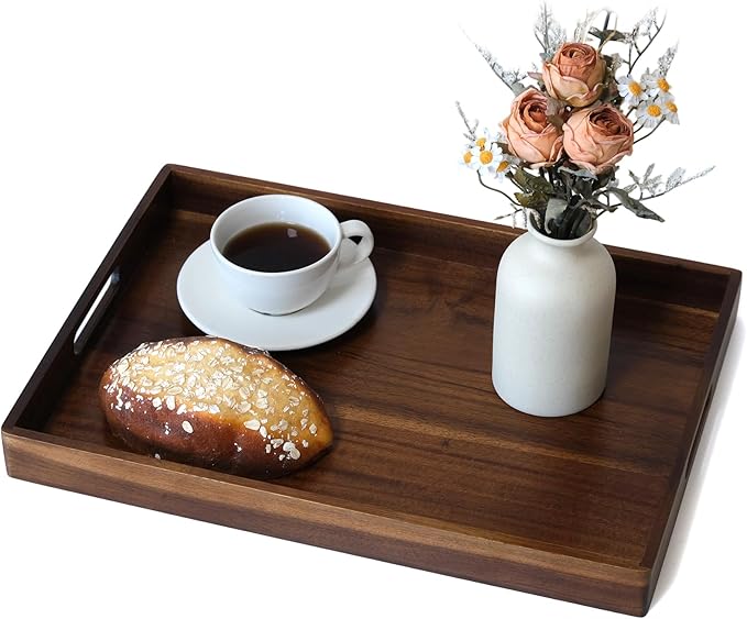 Acacia Wood Serving Tray with Handles, 17 Inch Wooden Tray for Ottoman, Breakfast, Lunch, Dinner, Decorative Rectangular Tray for Living Room, Kitchen Counter, Outdoor