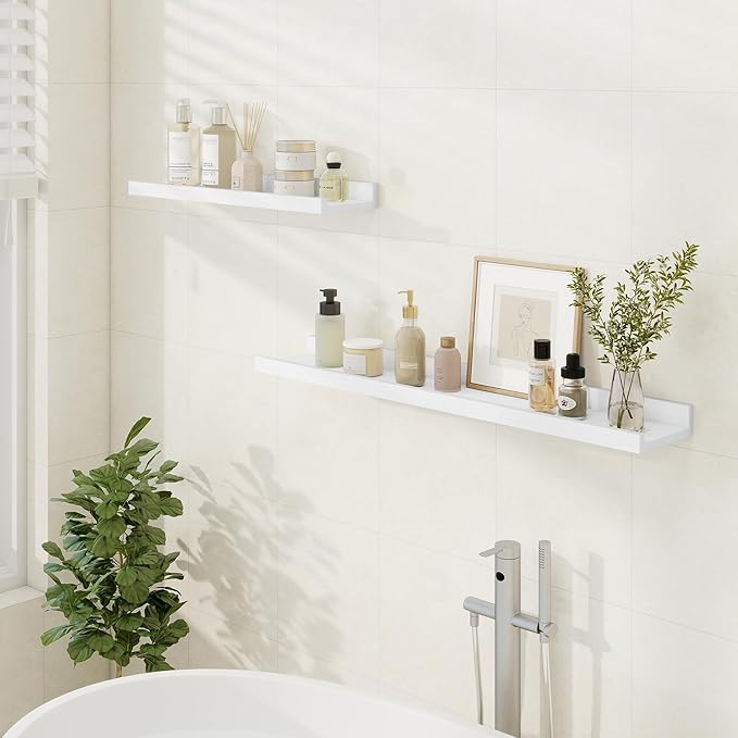 Floating Picture Ledge Shelves 36 Inch Solid Oak Wood Set of 2, Rustic Wall Storage Shelves with Lip, Kids Bookshelf, Photo & Picture Ledge Shelves for Bedroom, Living Room, Kitchen