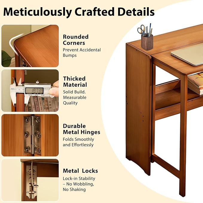 39.37" Bamboo Folding Desk,Space-Saving Computer Desk for Small Spaces, Foldable Study Table for Bedroom, Home Office, Dorm, Apartment (Brown)