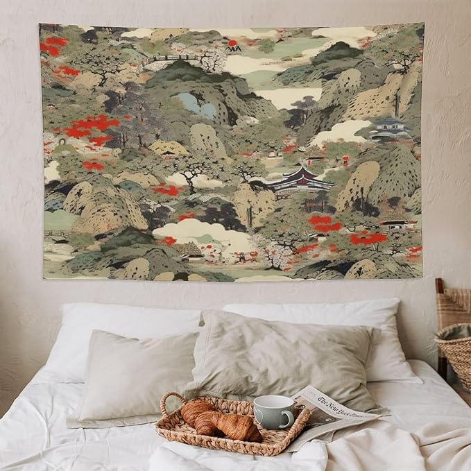 Asian Tapestry,Japanese Red Landscape Asian Watercolor Abstract Art Tapestry, Asian Japanese Wall Tapestry, Nature Landscape Tapestries for Bedroom Living Room Decor 90"x60"