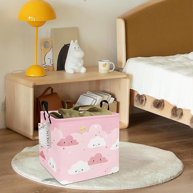 FANKANG Square Nursery Hamper Storage Bins Canvas Laundry Basket Foldable with Waterproof PE Coating Storage Baskets Gift Baskets for Children, Office, Bedroom, Clothes（Square-pink cloud ）