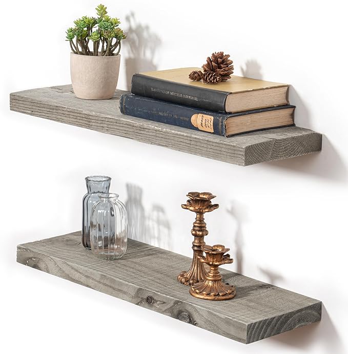 Fun Memories Floating Shelves for Wall Decor, 24"x8" Rustic Reclaimed Wood Shelves, Heavy-Duty Wall Mounted Shelves with Invisible Brackets, Set of 2for Living Room, Bedroom, Kitchen, Grey Finish