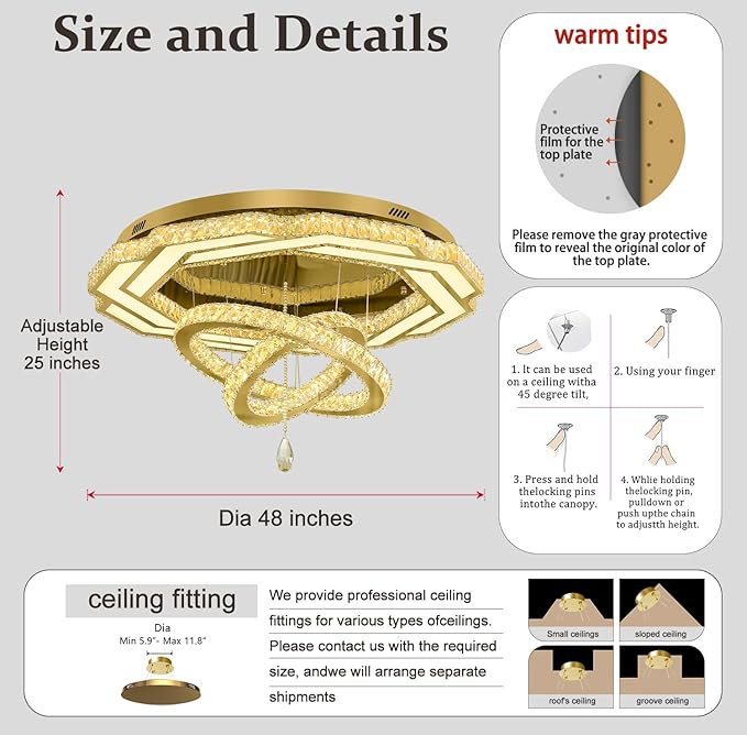 Flashing God Large Crystal Chandelier Dia 48" Gold Chandelier Flush Mount Ceiling Light for Bedroom Living Room Dining Room Hallway Dimmable 3 Rings LED Celing Lighting Fixtures