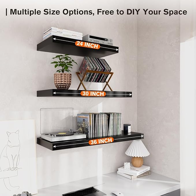 Floating Shelf, Set of 2 Wall Shelf, 36 in W x 12.75 in D x 2 in H Wooden Floating Wall Shelf with Invisible Brackets for Living Room/Bedroom/Bathroom/Kitchen Storage and Decor, Black