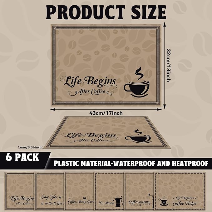 Coffee Bar Placemats Set of 6 Coffee Bar Plastic Table Mats Machine Place Mats Washable Vinyl Accessories Table Decoration for Indoor Outdoor Party Kitchen Dining