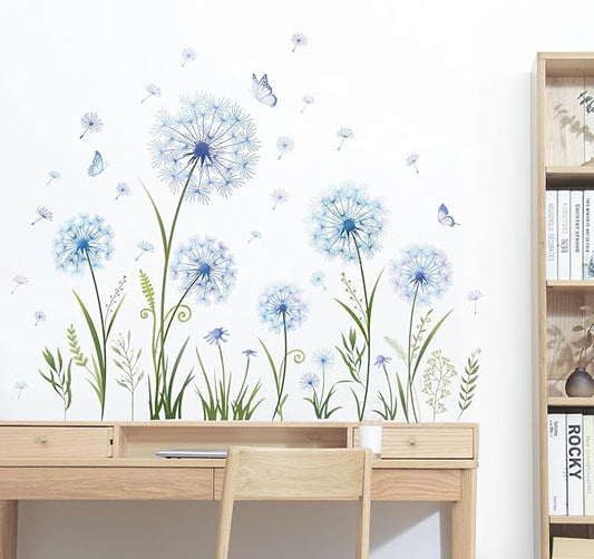 Dandelion Flower Butterfly Wall Decals Blue Dandelion Plants Floral Wall Stickers Peel and Stick Vinyl Wall Art Decor for Living Room Bedroom Office TV Sofa Backdrop Home Decor Gifts for Mom