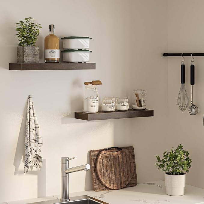 Floating Shelves for Wall, 24" W x 6.7" D x 1.5" H, Wooden Wall Mounted Display Shelves with Invisible Brackets for Living Room, Bedroom, Bathroom, Kitchen Decor and Storage, Set of 2, Walnut