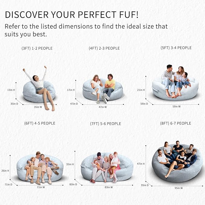 Bean Bag Chair for Adults 6FT,Soft Removable Cover for Teens/Girls Bedroom,Fluffy Giant Round Floor Beanbag Lounger Chairs (No Filler,Light Gray)