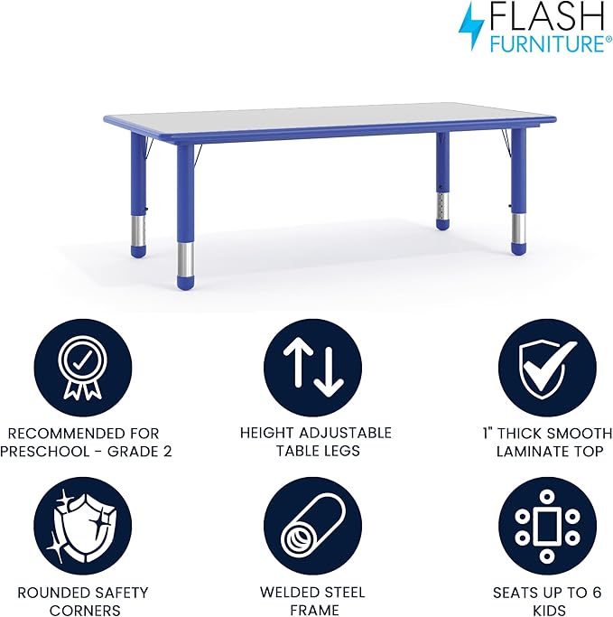 Flash Furniture Wren Adjustable Classroom Activity Table for School and Home, Plastic Activity Table for Kids, 23.625" W x 47.25" L, Gray/Blue