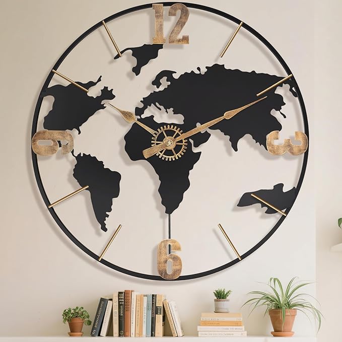 22 Inch Large Wall Clock,Modern Decorative Big World Map with Vintage Gold Arabic Numeral Extra Giant Metal Oversized Wall Clocks for Living Room,Office,Kitchen,Dining Room,Bedroom