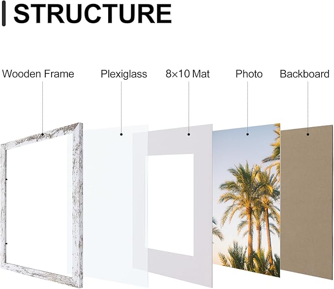 Vittanly 11x14 Picture Frames Set of 9, Shatter Resistant Plexiglass, Display 8x10 Pictures with Mat or 11x14 without Mat, Photo Frames for Wall or Tabletop, Engineered Wood, Distressed White
