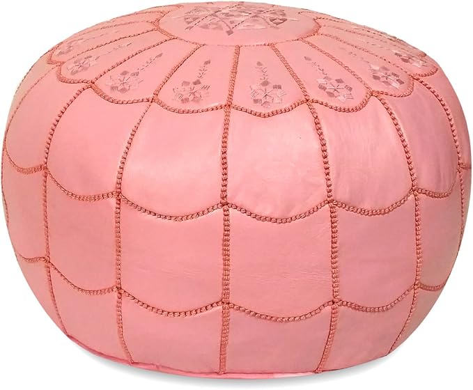 Stuffed Arch Design Moroccan Leather Pouf Ottoman, Handmade, Pre-Filled, 100% Genuine Leather, 14” Height x 22” Diameter – Boho Chic Footstool & Living Room Décor (Pink)