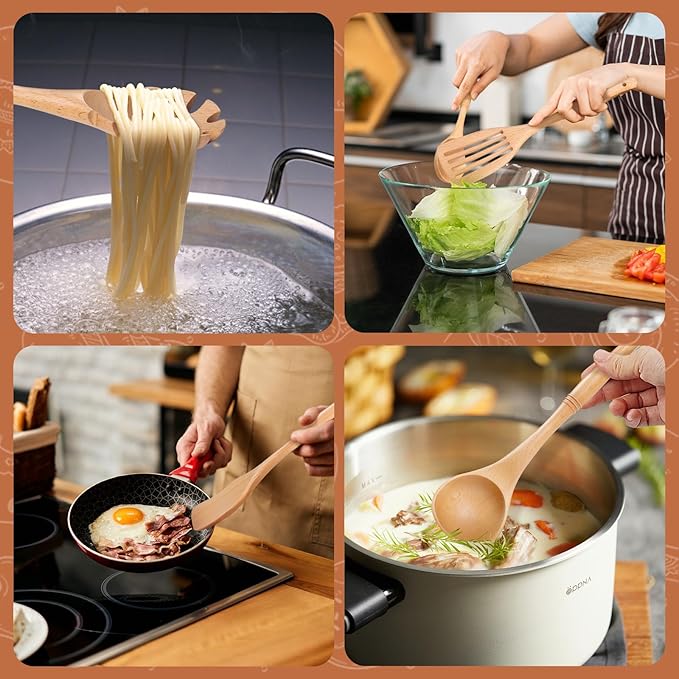 comfoyar Wooden Spoons for Cooking, 7 Pieces Kitchen Cooking Utenails Set with Spatula and Ladle, Heat Resistant Kitchen Cookware for Nonstick Pan-Beech