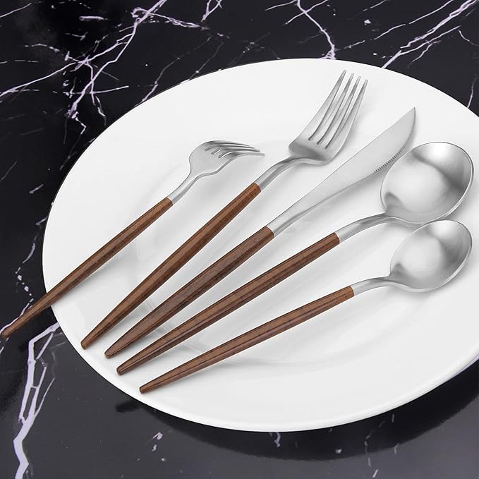 Matte Silver Silverware Set With Brown Handle, Vanys 20 Piece Stainless Steel Cutlery Flatware Set, Kitchen Utensil Sets for 4, Tableware With Knife Spoons And Forks Set, Satin Finished Polished