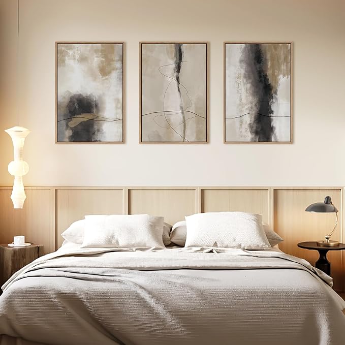 HPINUB Large Modern Abstract Framed Canvas Wall Art Set,Geometric Line Black White and Beige Textured Wall decor Neutral Gray Minimalist Art Print for Living Room,Bedroom,Dining Room,Office -16"x24"x3